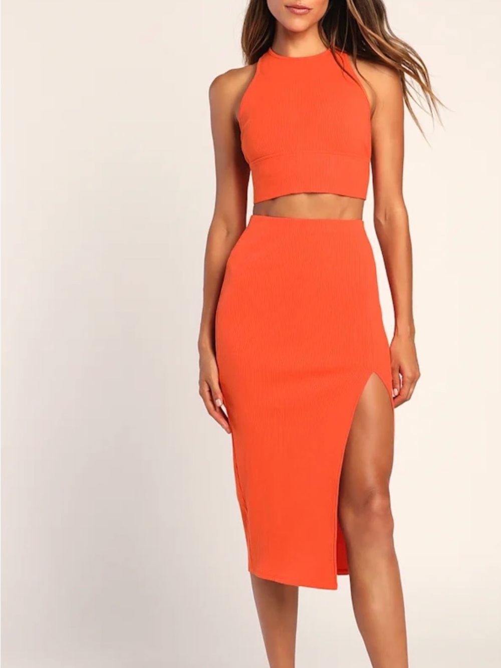 Absolute Edge Orange Sleeveless Two-Piece Bodycon Midi Dress